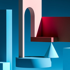 Blue Showcase With Abstract Colorful Figures. Empty Space. Copy Space. Da Vinci Colors. 3d rendering