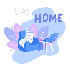 The concept of quarantine and self-isolation. Armchair, plaid, table with laptop and  mug, background of leaves, phrase Stay  home. Hand drawn flat interior. Stock vector illustration isolated.