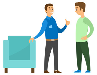 Man in furniture store vector, isolated people in shop. Consultant showing armchair to customer. Male wearing uniform and badge, salesperson flat style