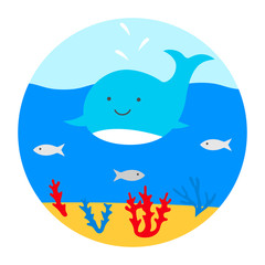 Sea, whale, fish, corals, water, sand. Vector illustration.	