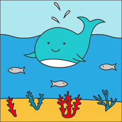 Sea, whale, fish, corals, water, sand. Vector illustration.	