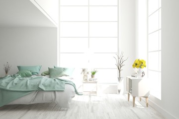 White bedroom interior. Scandinavian design. 3D illustration