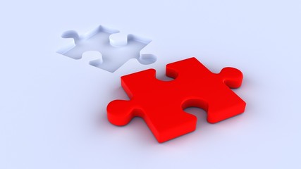 The last piece of jigsaw puzzle to complete the mission. Business concept. Red and white puzzles. 3D-rendering. 