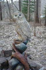  figure of an owl carved from wood on the street in the park
