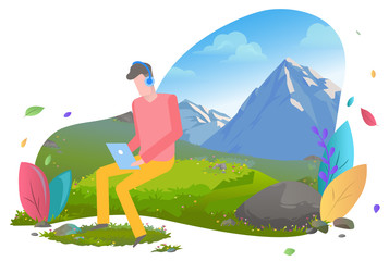 Traveling freelance worker with laptop vector, person with computer working online using internet. Mountains and nature, greenery of grass foliage