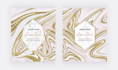 Gold glitter ink liquid cards with marble frames. Trendy templates for banner, flyer, poster, card, invitations. Modern art.