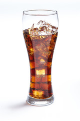 cola with ice cubes on white