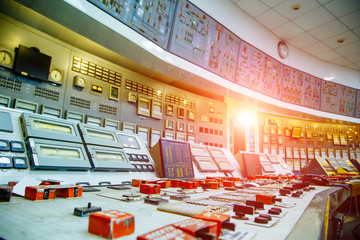 Control panel at a nuclear power plant. Close-up.