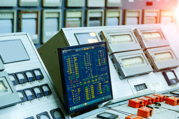Electrical control panel with buttons and levers. Nuclear power.