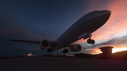 Fototapeta na wymiar Commercial airplane landing at sunset. 3d illustration