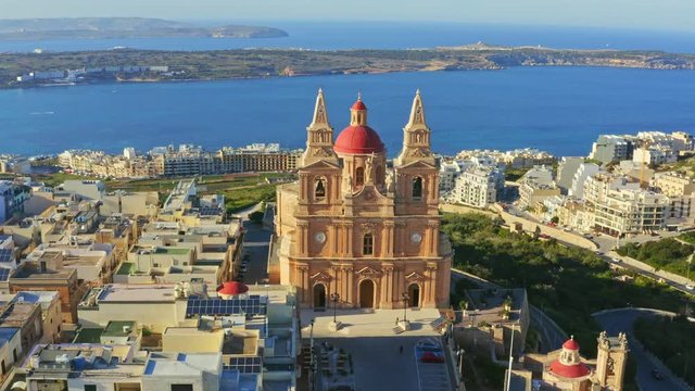 Aerial view of Mellieha Parish Church. Malta country