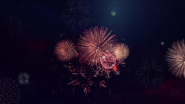 Shining Fireworks Display Explosion with bokeh lights in night sky Loop Animation Background. Birthday, Anniversary, Celebration, Holiday, new year, Party, Invitation, Christmas, festival, greeting