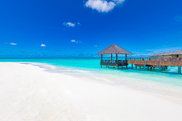Beautiful tropical beach with white sand, palm trees, turquoise ocean against blue sky with clouds on sunny summer day. Perfect landscape background for relaxing travel vacation, island of Maldives