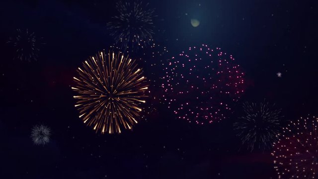 Red big shiny fireworks with bokeh lights in the night sky. Loop Animation Background. Birthday, Anniversary, Celebration, Holiday, new year, Party, Invitation, Christmas, festival, greeting, Diwali