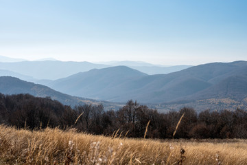 Bieszczady Mountain park with top view in high sun