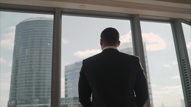 Portrait of businessman wearing grey suit and blue shirt, standing in front of windows in office lobby, looking ahead seriously. Successful businessman stands at the window.