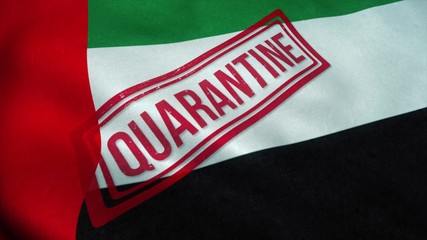 Quarantine stamp on the national flag of United Arab Emirates. Coronavirus concept. 3d illustration