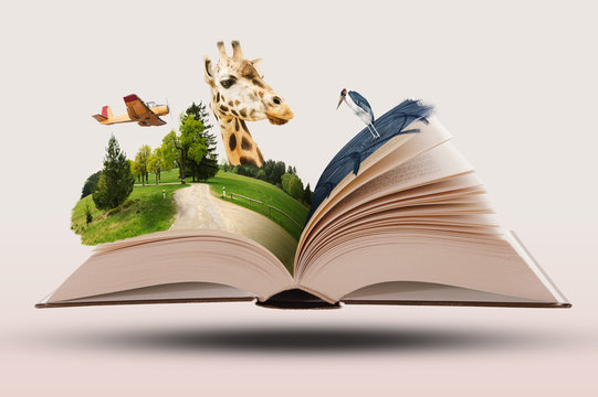 Open Novel Book with Animals and Landscapes