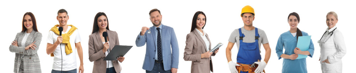 Collage with people of different professions on white background. Banner design