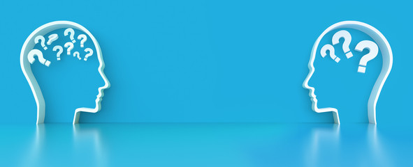 question mark in Human Head outline in front of a color wall background. Business support concept