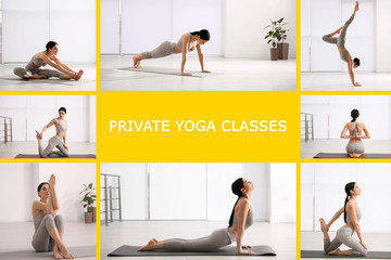 Collage of women practicing different poses and text Private Yoga Classes