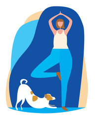 Jack russell terrier and a young girl or woman as a concept person looks like a pet, flat vector stock illustration with a dog and owner doing yoga