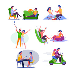 Fototapeta na wymiar Young couple spending vacation together. Male and female cartoon characters dating in various places. illustration for banner, advertising, poster