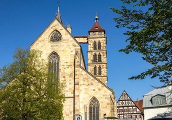 Fototapeta premium Stadtkirche St. Dionys church with tall steeples in Esslingen.