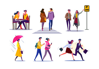 Fototapeta na wymiar Dating couples set. Couple meeting in cafe, friends walking outside, colleagues running to office. Flat illustrations. Relationships concept for banner, website design or landing web page