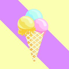 ice cream cone with lilac and yellow pastel background. Tasty colorful ice cream for summer decorative, mint, strawberry, vanilla, sweets, dessert, web design or print. Vector Illustration.