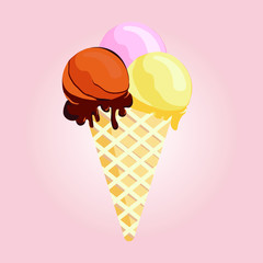 ice cream cone with pastel background. Tasty colorful ice cream for summer decorative, chocolate, strawberry, vanilla, sweets, dessert, web design or print. Vector Illustration.