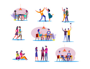 Happy friends set. Men and women eating in cafe, dancing, doing shopping, taking selfie together. Flat illustrations. Friendship concept for banner, website design or landing web page