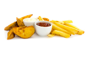 French fries and wedges with dip isolated on white background