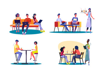 Meeting with friends set. Group of friends spending time together in bar or cafe. Flat illustrations. Friendship, communication concept for banner, website design or landing web page