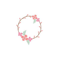 Floral circle colorful vector frame. Spring blossom, flower vintage decoration frame template with branches and leaves.