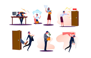 Set of fired business men and women employees with boxes. Angry bosses firing and shouting at workers dismissed from job. Upset people being kicked out of work. Unemployment flat illustration