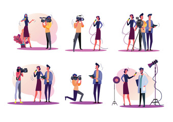 Reporters illustration set. Journalists and cameraman filming news, holding microphone, using camera. Television concept. illustration for banners, posters, website design