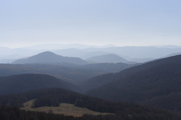 Bieszczady Mountain park with top view in high sun
