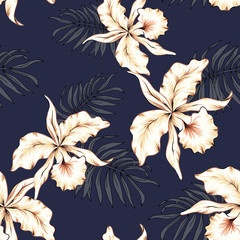 Tropical orchid flowers, palm leaves, navy background. Vector seamless pattern. Jungle foliage illustration. Exotic plants. Summer beach floral design. Paradise nature