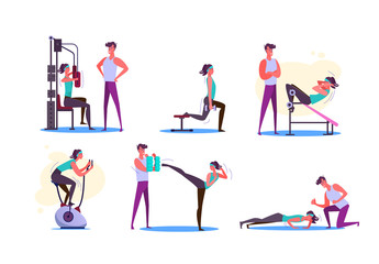 Fototapeta na wymiar Set of couples exercising. Men and women doing sport in gym. Sport concept. illustration can be used for presentation, project, webpage
