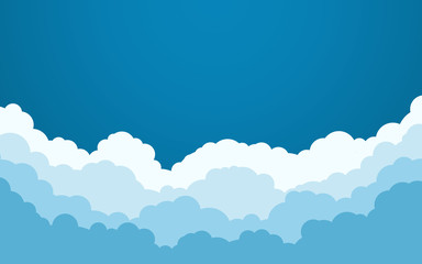 Blue sky with white clouds background. Cartoon flat style design. Vector illustration