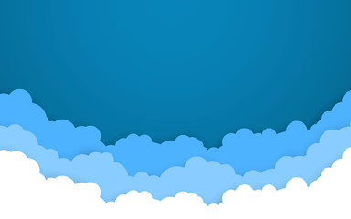 Blue sky with white clouds background. Cartoon flat style design. Vector illustration