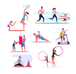 Set of families exercising. Parents and children doing different sports together. Healthy family concept. illustration can be used for presentation, project, webpage - obrazy, fototapety, plakaty