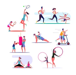 Fotobehang Set of families exercising. Parents and children doing different sports together. Healthy family concept. illustration can be used for presentation, project, webpage © PCH.Vector