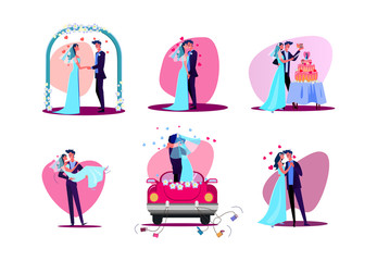 Set of just married couple. Flat illustrations of bride and groom during wedding day. Wedding concept for banner, website design or landing web page