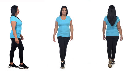 woman walking front back and profile on white