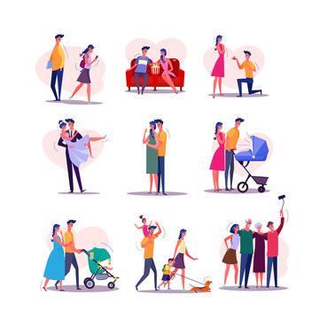 Family life cycle set. Man and woman dating, couple getting married, having baby, walking with children, getting old. People concept. illustration posters, presentation slides, web design