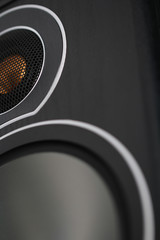 Wooden audio speaker close-up