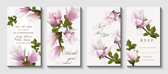 Wedding invitation with twig blooming Magnolia. Magnolia flowers,  isolated on white.  Vector illustration. © O.Yu