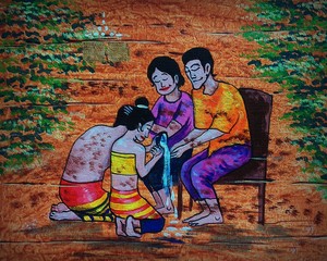 hand painted original impressionism traditional comic oil painting and coloring thailand culture songkran festival